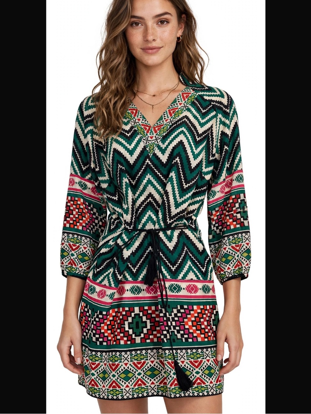 Kut from the Kloth Green Geometric Pattern Tunic with Multicolor Accents